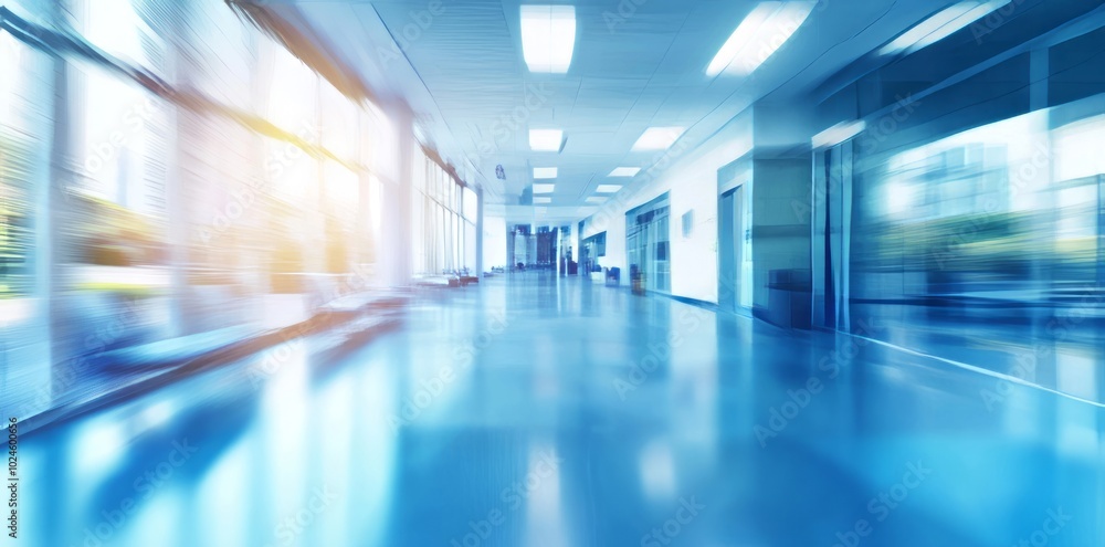 Modern Hospital Hallway with Blue Floors and Seating Area Modern Hospital Hallway with Blue Floors and Seating Area