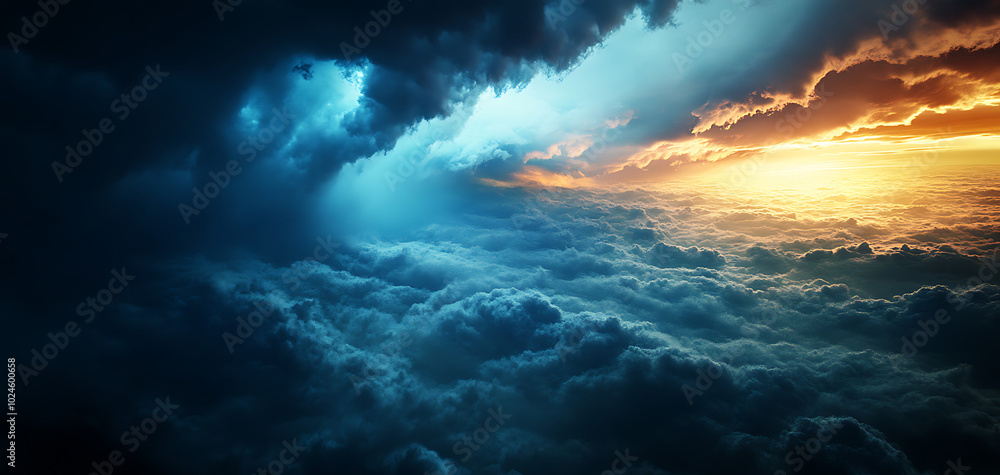 Fototapeta premium Dramatic sky with contrasting dark and bright clouds at sunset