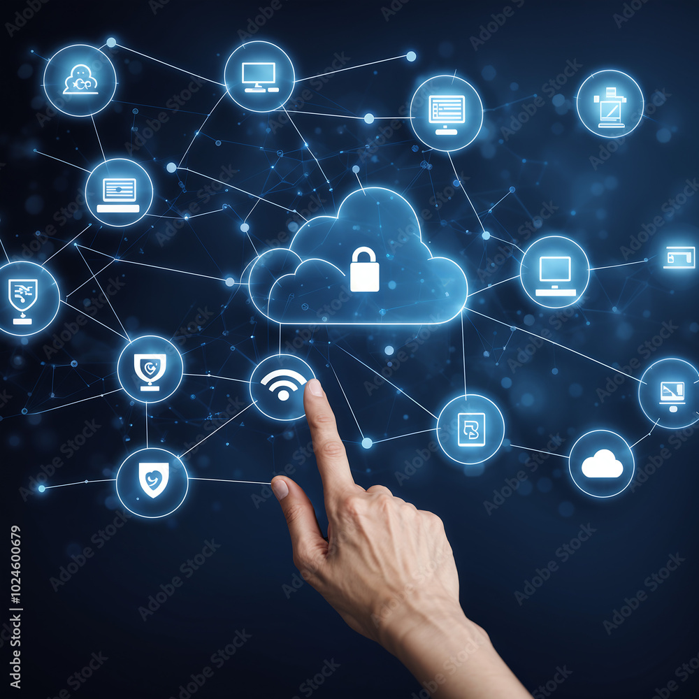 Hand touching a digital screen with icons of technology and online network connection, cloud storage, or security system on a dark blue background. Hand touching a digital screen with icons of technology and online network connection, cloud storage, or security system on a dark blue background.