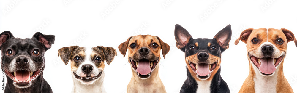 A joyful lineup of five diverse dogs posing together in front of a bright white backdrop A joyful lineup of five diverse dogs posing together in front of a bright white backdrop
