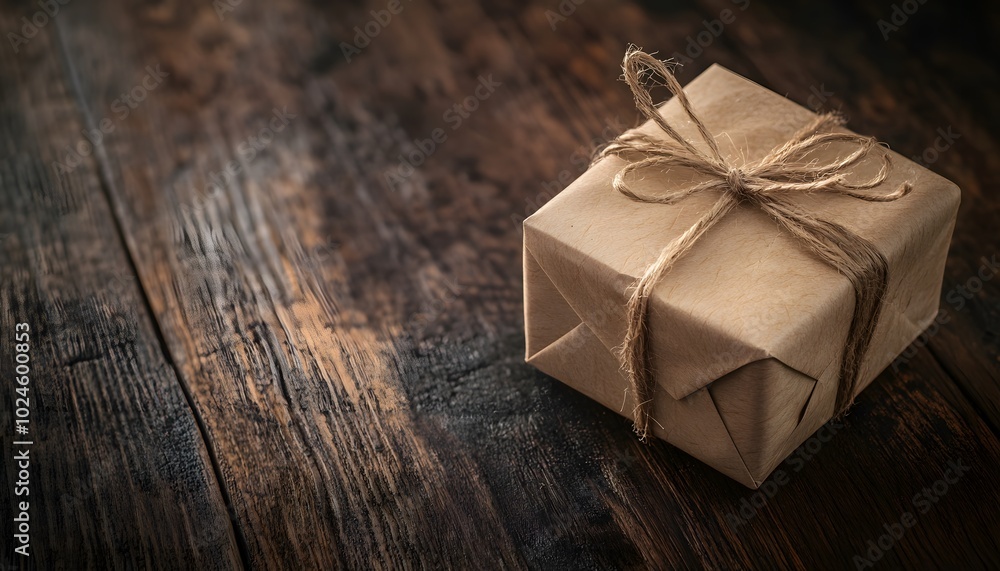 A beautifully wrapped gift box tied with twine, resting on a rustic wooden surface, perfect for various occasions. A beautifully wrapped gift box tied with twine, resting on a rustic wooden surface, perfect for various occasions.