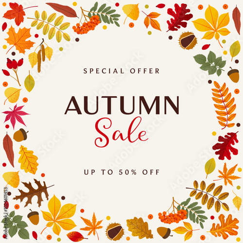 Border Square Frames with Different Colorful Autumn Leaves. Autumn design template