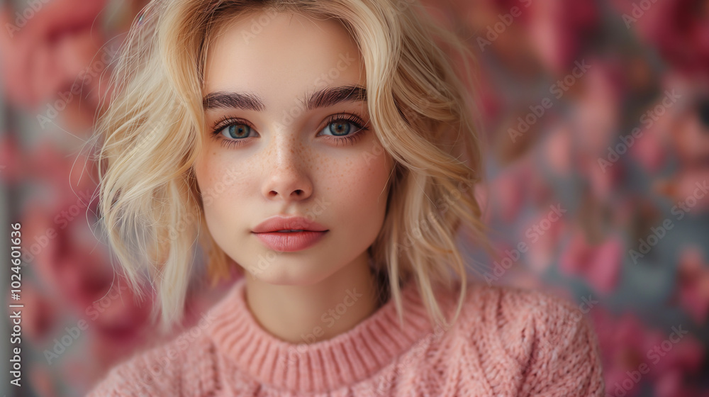 Portrait of a young woman with blonde hair and freckles in a pink sweater Portrait of a young woman with blonde hair and freckles in a pink sweater