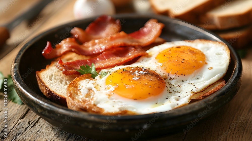 A rustic breakfast scene with two fried eggs, bacon, and toast on a wooden table A rustic breakfast scene with two fried eggs, bacon, and toast on a wooden table