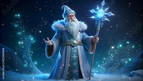 Majestic winter wizard character holding a sparkling staff in a magical snowy landscape