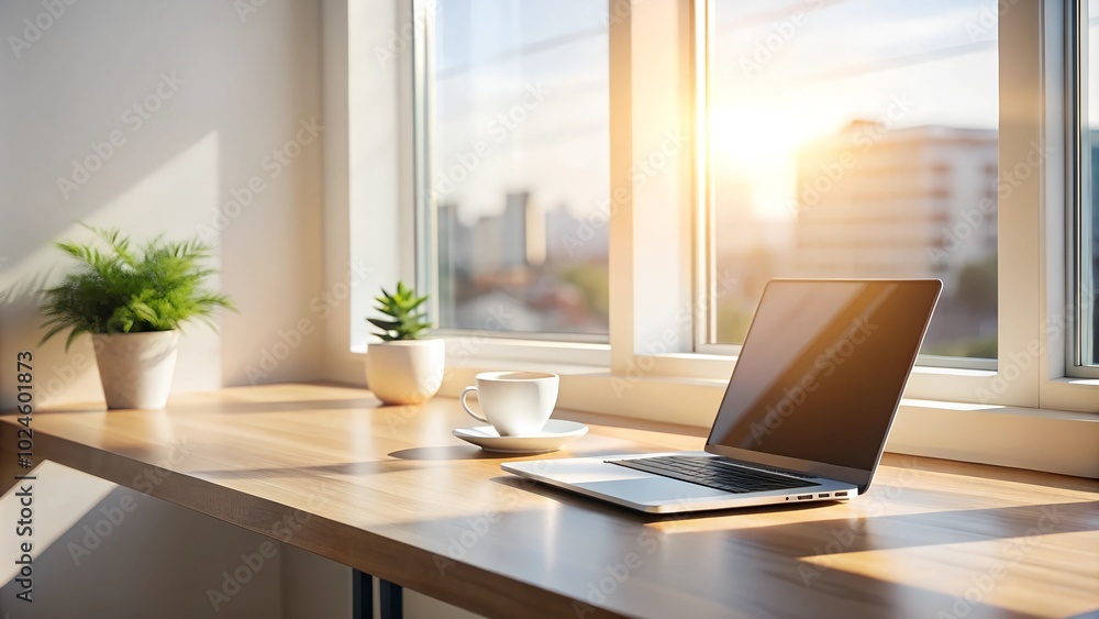 Modern workspace with a laptop, coffee cup, and plants, illuminated by sunlight in a cozy office Modern workspace with a laptop, coffee cup, and plants, illuminated by sunlight in a cozy office