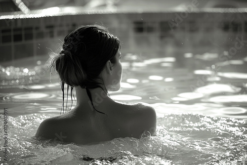 Woman relaxes in pool, black and white picture