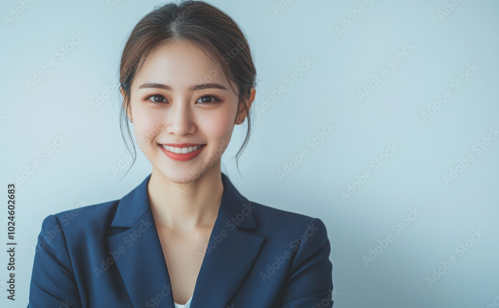 Ambitious and assertive Asian businesswoman in a blue suit, displaying a focused and determined expression. She projects confidence and authority, ready to take on leadership roles. Ambitious and assertive Asian businesswoman in a blue suit, displaying a focused and determined expression. She projects confidence and authority, ready to take on leadership roles.