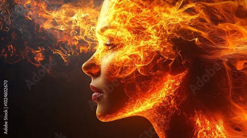 Fiery Woman Portrait Abstract Flame Hot Passion Energy Power Concept Design Art G