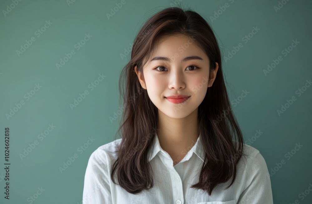 A young woman serene smile and elegant pose against a soft green setting emphasize her natural grace and allure. A young woman serene smile and elegant pose against a soft green setting emphasize her natural grace and allure.