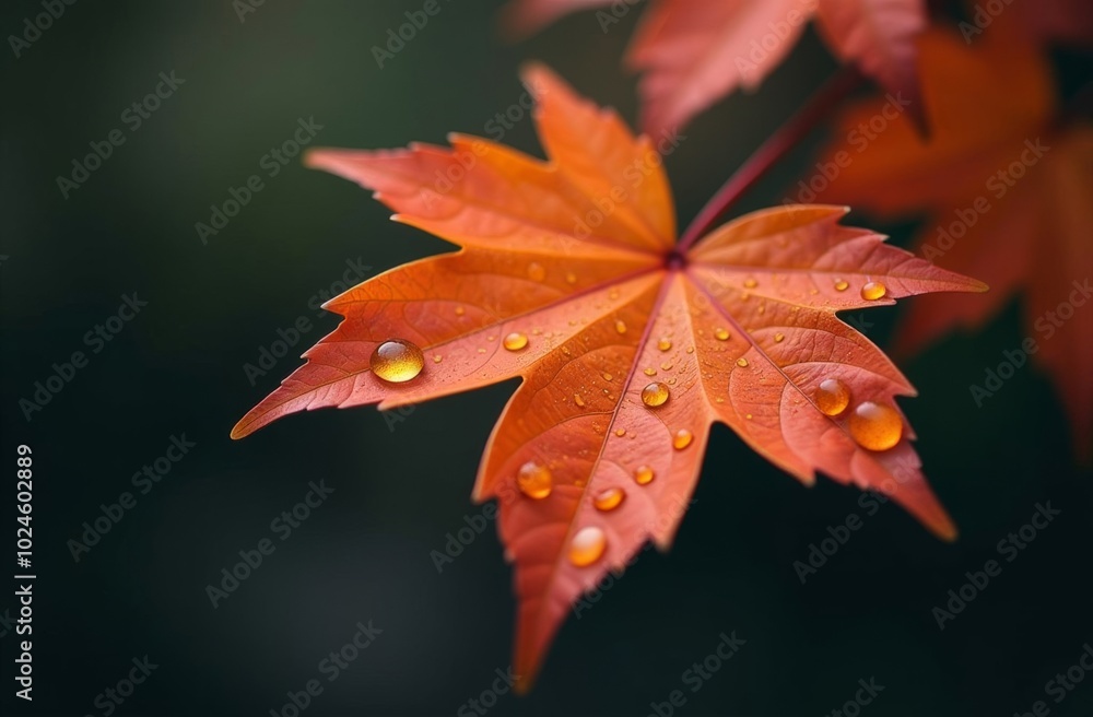 Orange Maple Leaf close-up with drops after rain on dark background Orange Maple Leaf close-up with drops after rain on dark background
