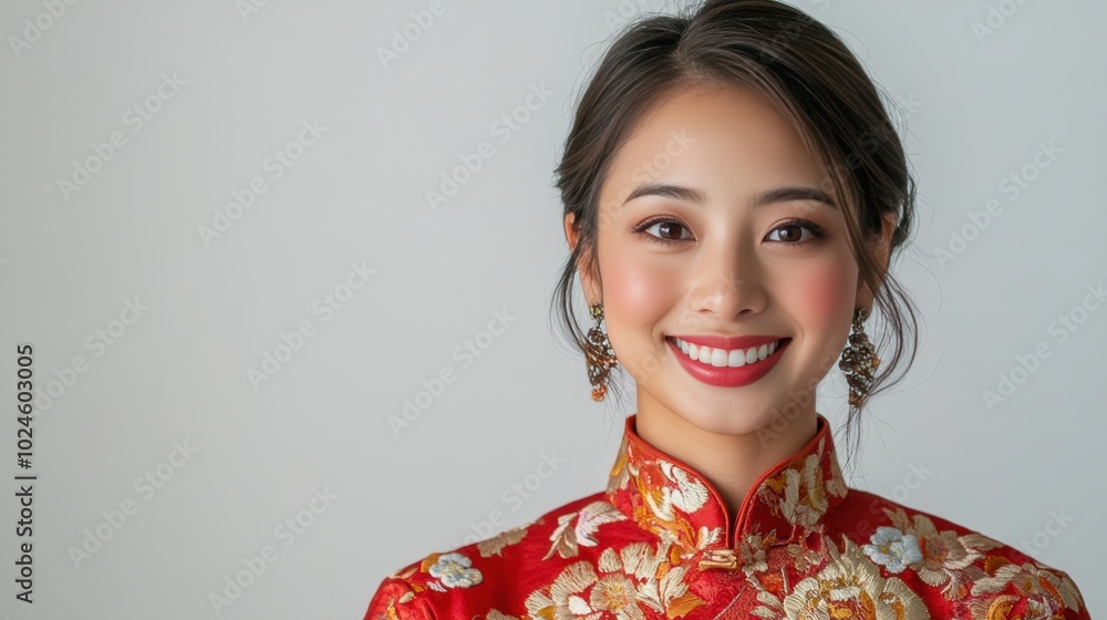 A beautiful young woman poses in traditional Asian dress, symbolizing cultural pride and fashion. The vibrant details and craftsmanship of the attire emphasize Asia rich heritage. A beautiful young woman poses in traditional Asian dress, symbolizing cultural pride and fashion. The vibrant details and craftsmanship of the attire emphasize Asia rich heritage.