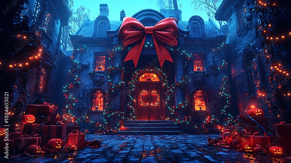 Festive Haunted Mansion with Christmas Lights and Jack o Lanterns