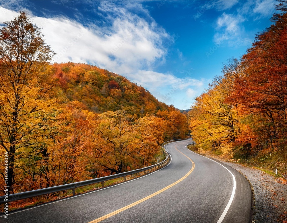 A picturesque landscape featuring a winding road and colorful foliage, perfect for a road trip A picturesque landscape featuring a winding road and colorful foliage, perfect for a road trip