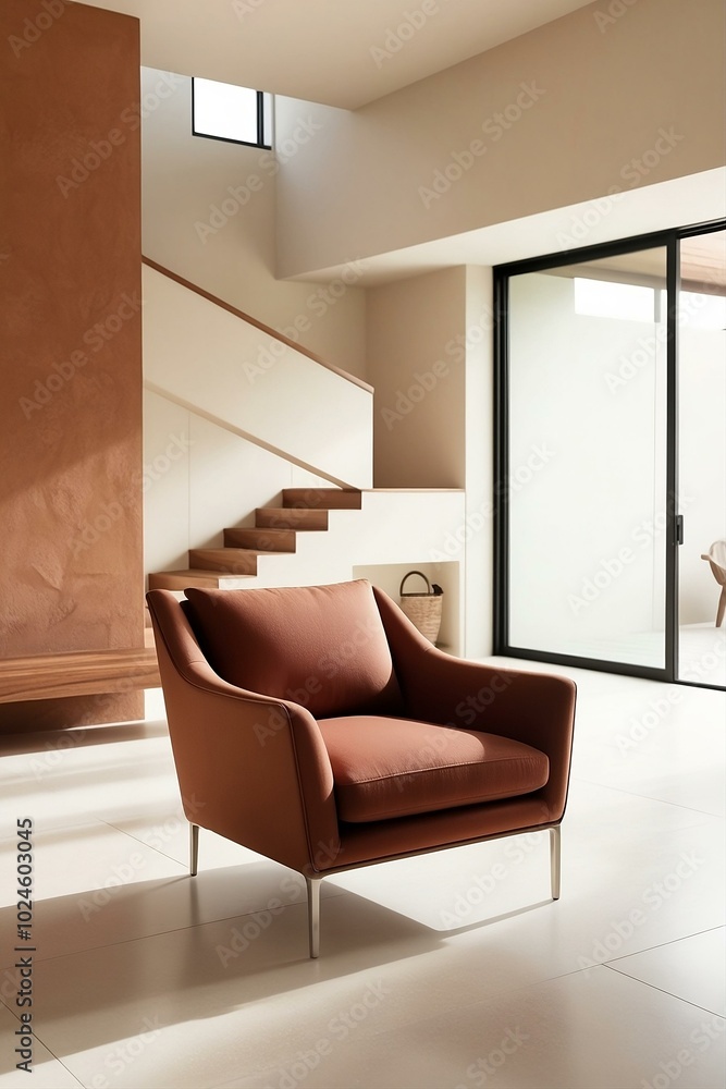 Terra cotta accent armchair in spacious room with steps and stucco wall. Minimalist, japandi interior design of modern living room. Terra cotta accent armchair in spacious room with steps and stucco wall. Minimalist, japandi interior design of modern living room.