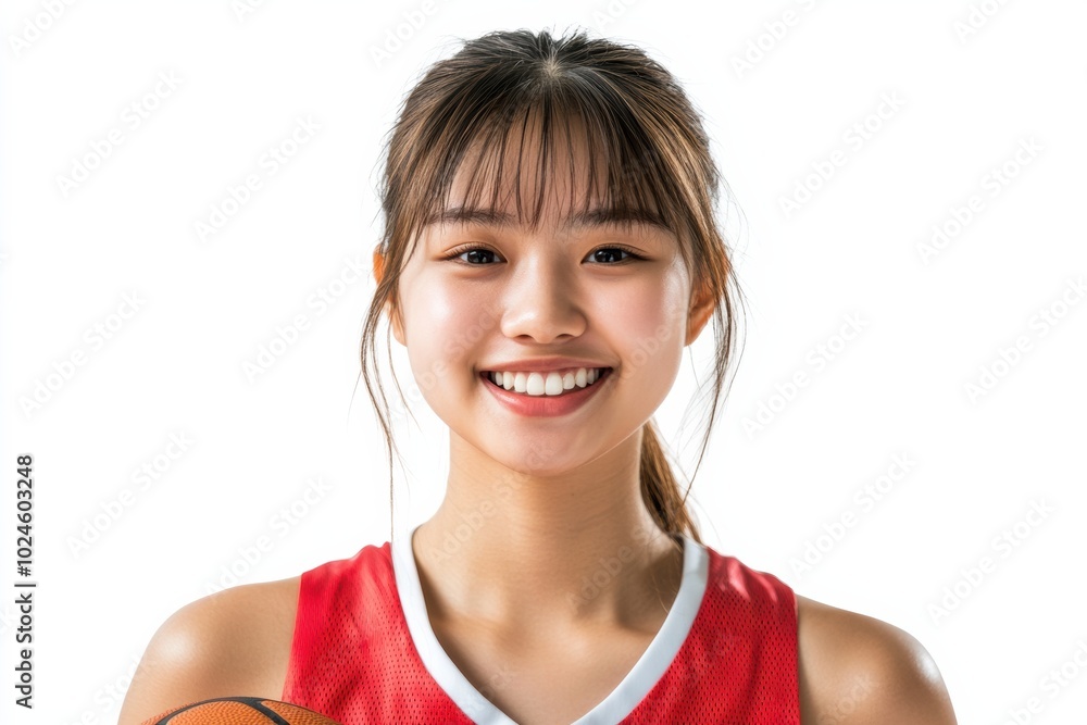 Holding a basketball and wearing a bright smile, a young Asian woman in a jersey displays her love for the game, with a clean background drawing attention to her positive, sporty energy. Holding a basketball and wearing a bright smile, a young Asian woman in a jersey displays her love for the game, with a clean background drawing attention to her positive, sporty energy.