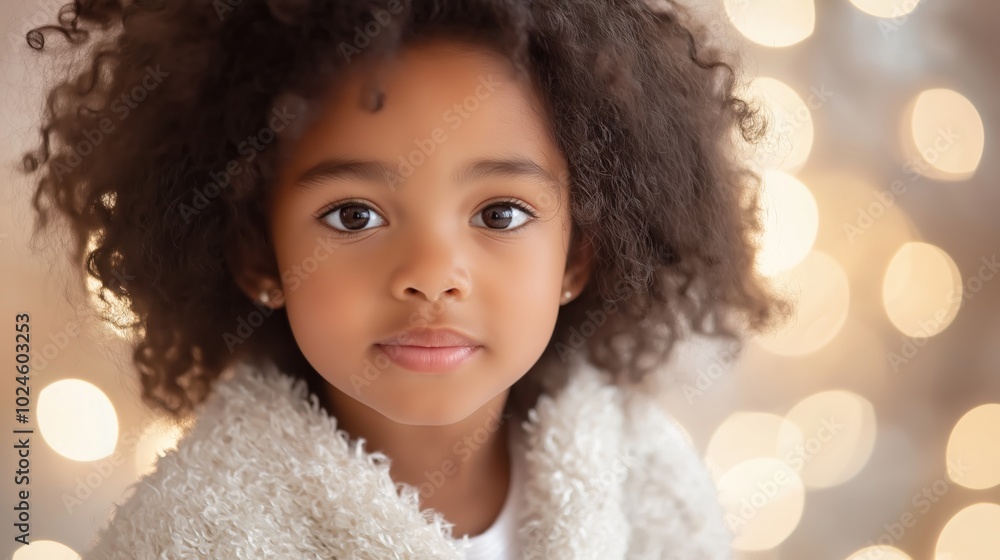 portrait of an african american girl child with curly hair wearing a white fur coat, capturing her big brown eyes and cheerful expression against a bokeh lights background for a dreamy festive portrait of an african american girl child with curly hair wearing a white fur coat, capturing her big brown eyes and cheerful expression against a bokeh lights background for a dreamy festive