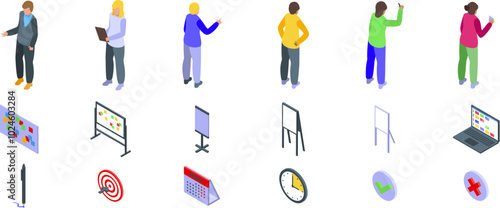 Scrum board icons set. Set of managers characters working on startup project using scrum agile methodology with kanban board, agile board, target, calendar, time management and more