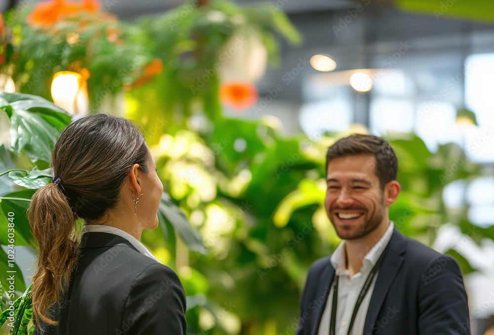 A business professional exchanges ideas with a peer at a corporate event, forming connections. The event’s green atmosphere promotes collaboration and relationship building. A business professional exchanges ideas with a peer at a corporate event, forming connections. The event’s green atmosphere promotes collaboration and relationship building.