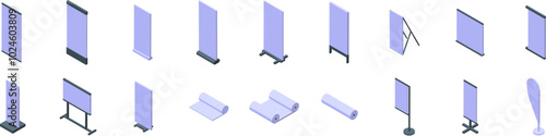 Rollup mockup icons set. Large set of different blank banner stands for outdoor and indoor advertising isometric view isolated on white background