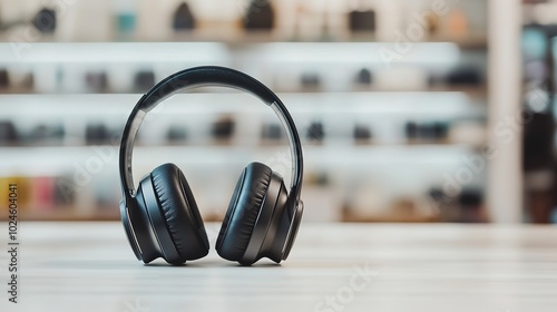 Sleek black headphones on white background, attractively positioned with slight tilt, symbolizing a sale, emphasizing modern design and audio technology.