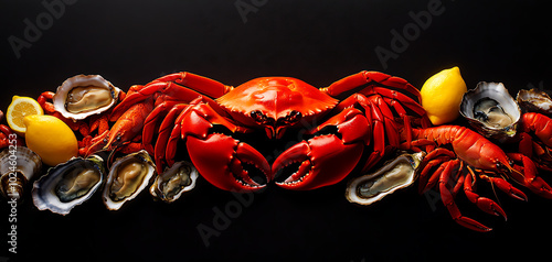 Seafood display with red crab, oysters, and lemon on a black background. photo