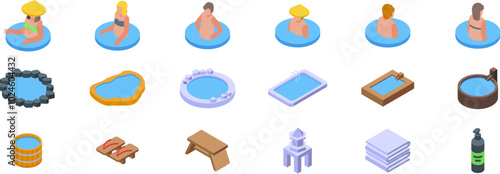 Japanese onsen icons set. Tourists and locals enjoying traditional japanese onsen experience in thermal springs