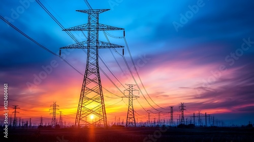 Electric Power Lines Silhouettes at Sunset with Colorful Sky