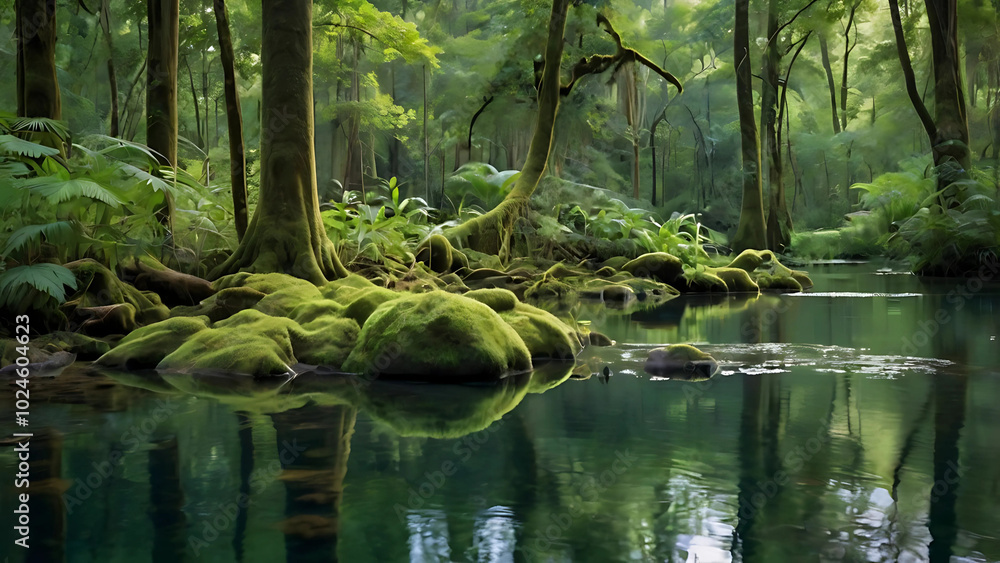 A serene river flows through a lush forest, surrounded by vibrant trees and green grass, generative ai	
