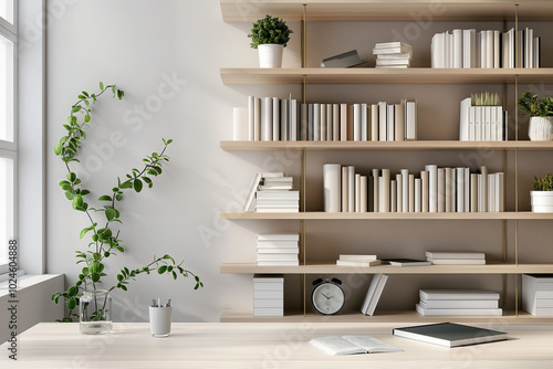 Office interior backdrop for online meetings. Light home office setting bookshelves background. Minimalist online workspace aesthetics. Video conferencing room design in pastel tones.