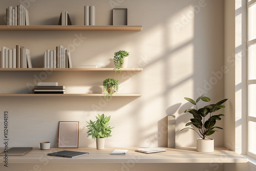 Office interior backdrop for online meetings. Light home office setting bookshelves background. Minimalist online workspace aesthetics. Video conferencing room design in pastel tones.