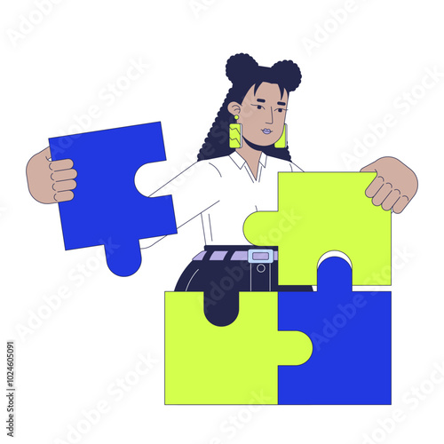 Jigsaw problem solving 2D illustration concept. Strategy puzzles connecting. Latina woman strategist cartoon character isolated on white. Strategic management metaphor abstract flat vector graphic