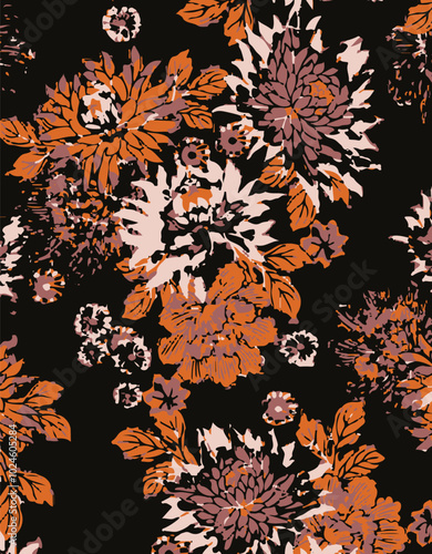 Big flowers pattern, upscale floral pattern. graphical textures floral, trendy colors pattern , flowers background with leaves. vector illustration,tropical,monochrome