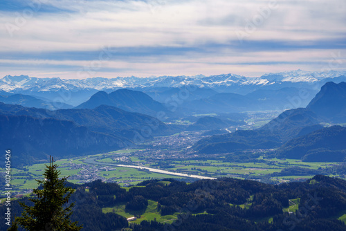 Breathtaking views from Spitzstein, a popular hiking mountain (Bavarian-Tyrolean border), over the Inn Valley to the Kitzbühel Alps in classic autumn light photo