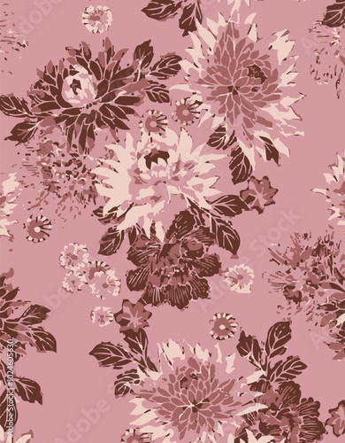 Big flowers pattern, upscale floral pattern. graphical textures floral, trendy colors pattern , flowers background with leaves. vector illustration,tropical,monochrome