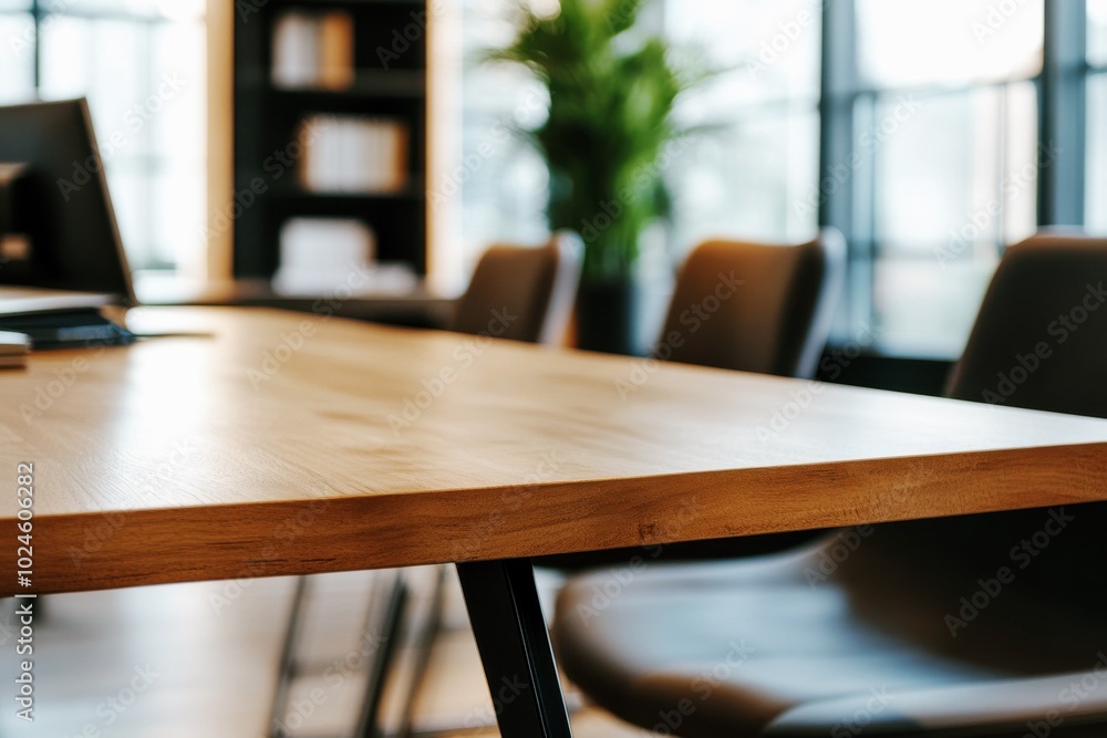 Modern office with minimalist design wooden table, ergonomic chairs, and natural lighting, contemporary workspace interior Modern office with minimalist design wooden table, ergonomic chairs, and natural lighting, contemporary workspace interior