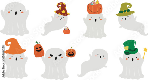 Halloween ghosts and pumpkins set. Boo characters, spooky scary silhouettes in sheets, eerie faces. Creepy spooks, horror shadows. October holiday spirits. Isolated flat graphic vector illustrations photo