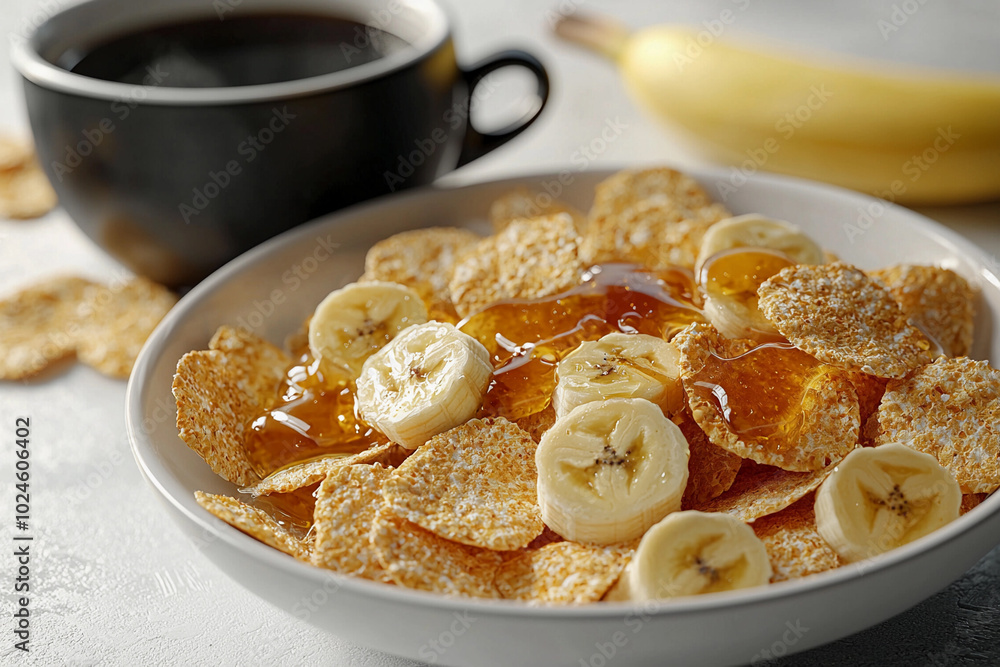 Morning cereal bowl with bananas and coffee in sunlight Morning cereal bowl with bananas and coffee in sunlight