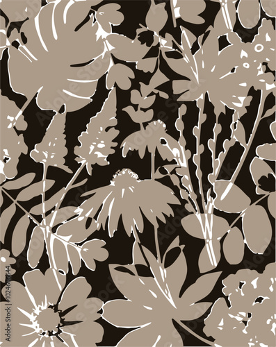 Big flowers pattern, upscale floral pattern. graphical textures floral, trendy colors pattern , flowers background with leaves. vector illustration,tropical,monochrome