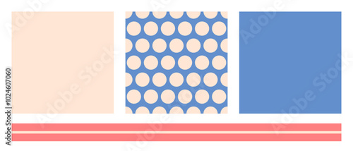 Seamless pattern with large beige polka dots on blue background. Companion color combination for wrapping paper, fabric, applique for creativity, collection selection in cute country style. Vector.