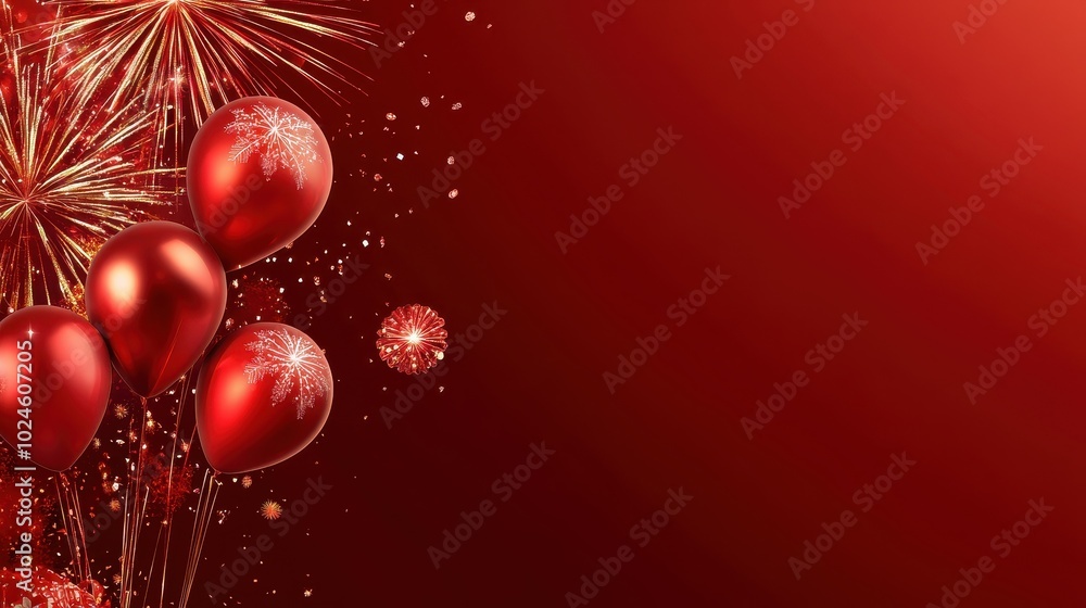 Vibrant Red Celebration with Fireworks and Balloons Vibrant Red Celebration with Fireworks and Balloons