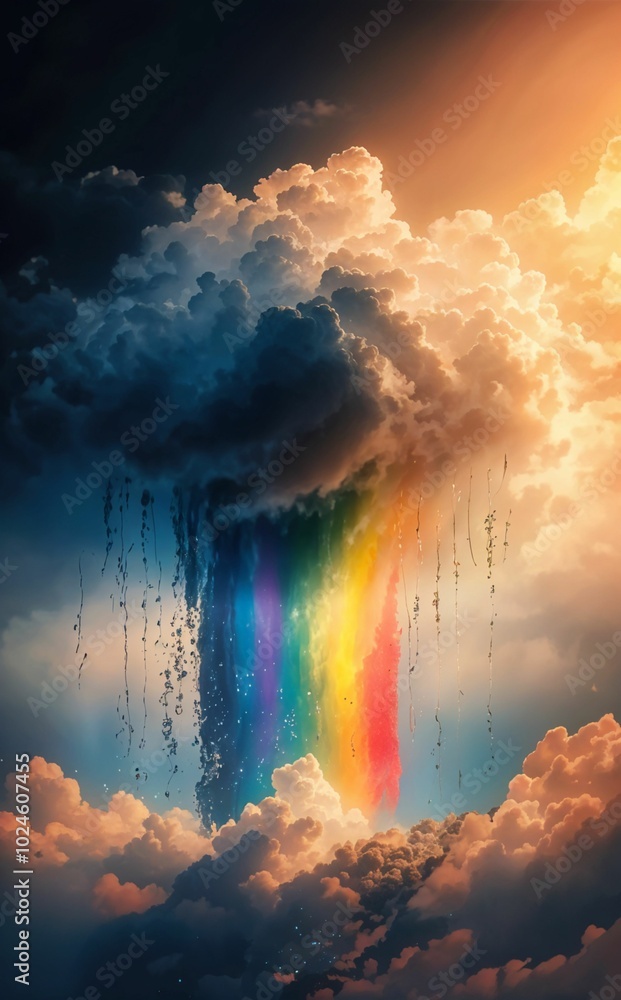 Fototapeta premium Rainbow in the sky with clouds and raindrops. 3d illustration