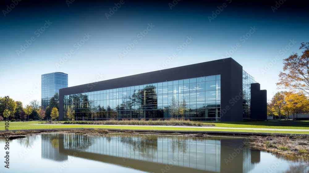 Modern Office Building with Glass Facade, Surrounded by Green Space and a Reflective Pond Modern Office Building with Glass Facade, Surrounded by Green Space and a Reflective Pond
