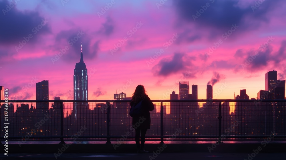 Obraz premium Dusk view of New York City’s skyline with vibrant pink and purple hues and a silhouette of a person admiring the scenery