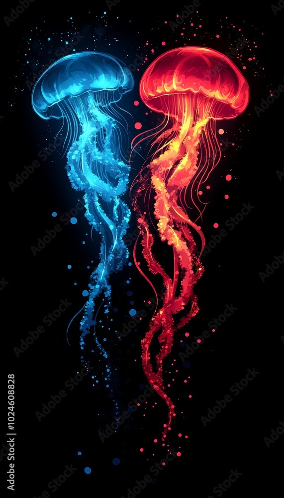 Bioluminescent Jellyfish, Two Glowing Medusa Isolated on Black Background. Underwater Marine Life Bioluminescent Jellyfish, Two Glowing Medusa Isolated on Black Background. Underwater Marine Life