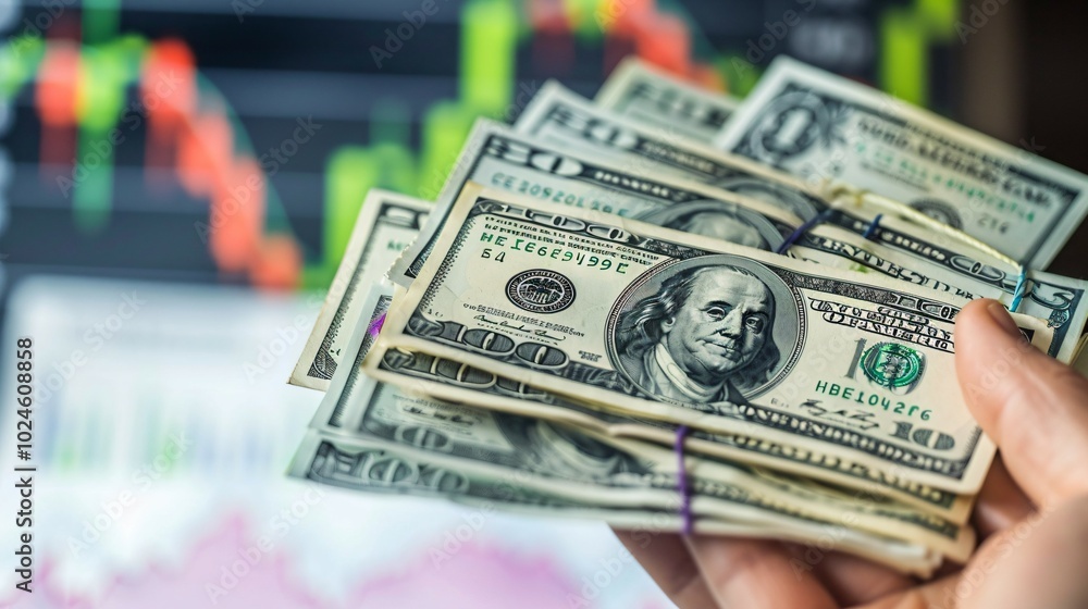 Hand holding stack of crisp dollar bills, financial chart and growing graph in blurred background, symbolizing concept of raising cash. Hand holding stack of crisp dollar bills, financial chart and growing graph in blurred background, symbolizing concept of raising cash.