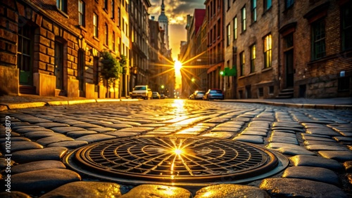 Sunlit Manhole Cover on Cobblestone Street in NYC - Urban Fashion Photography