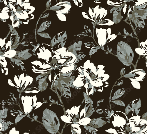 Big flowers pattern, upscale floral pattern. graphical textures floral, trendy colors pattern , flowers background with leaves. vector illustration,tropical,monochrome