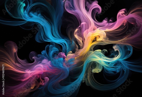 close view vibrant colorful smoke patterns creating striking visuals jet black background, abstract, designs, fluid, texture, artistic, artwork, swirl