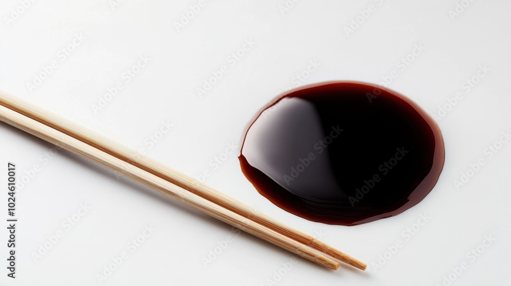 A puddle of soy sauce with a chopstick laying nearby on a white background, minimal composition. A puddle of soy sauce with a chopstick laying nearby on a white background, minimal composition.